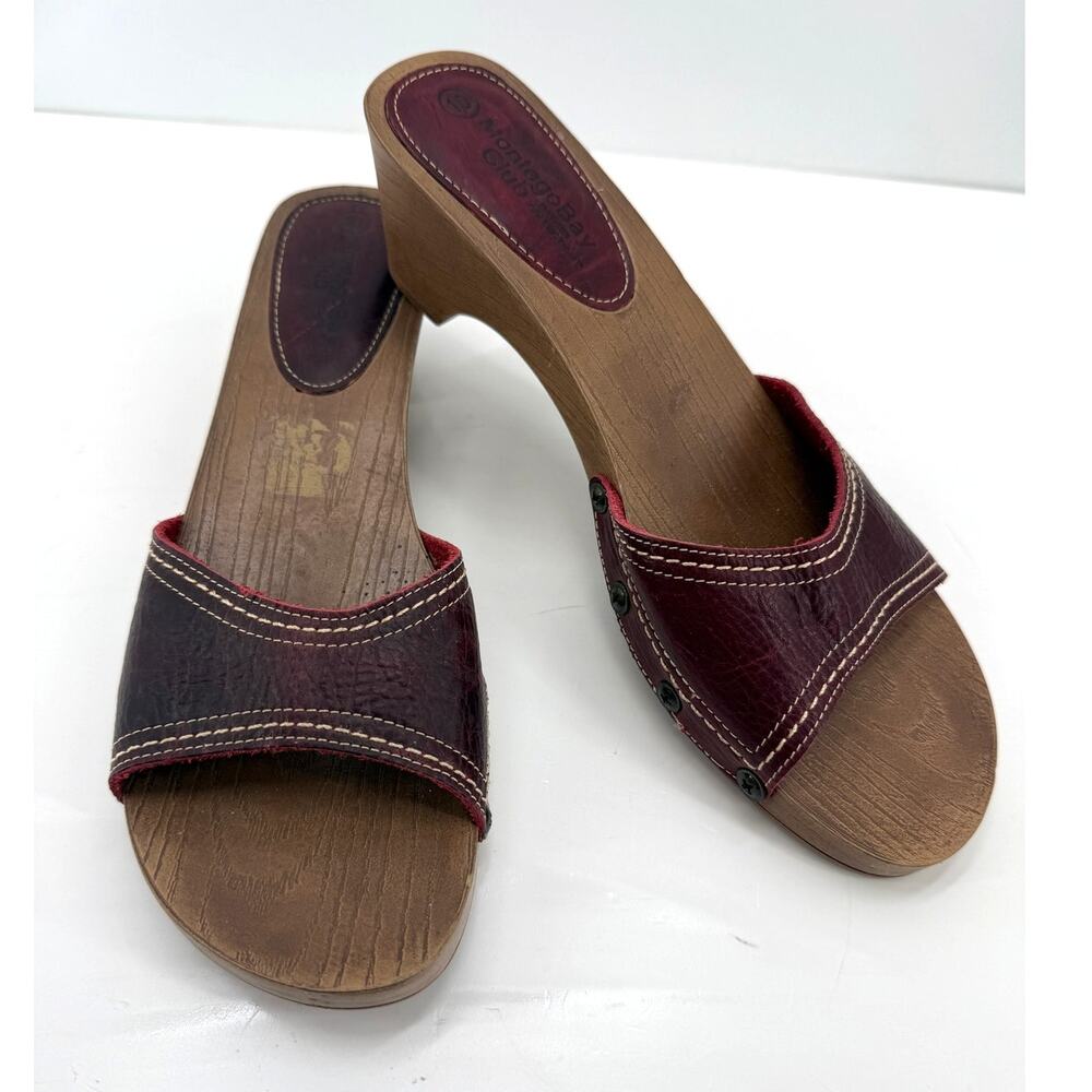 Montego Bay Club Red Leather Wood Look Wedge Heel Slide Sandals Retro Womens 10